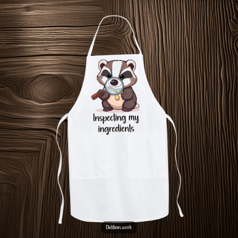 Funny badger detective apron showing a badger with a magnifying glass, examining a tiny seed, perfect for humorous and detailed kitchen work.