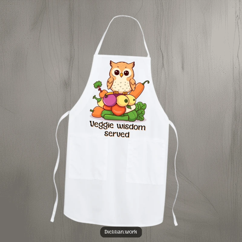 Funny owl vegetable apron showing an owl perched on colorful vegetables, perfect for humorous and wise kitchen activities.