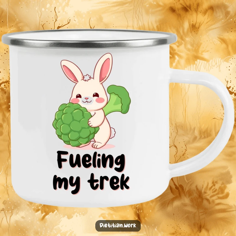 Funny rabbit broccoli camping mug with a cheerful rabbit balancing a large broccoli floret, perfect for outdoor enjoyment and a warm drink.