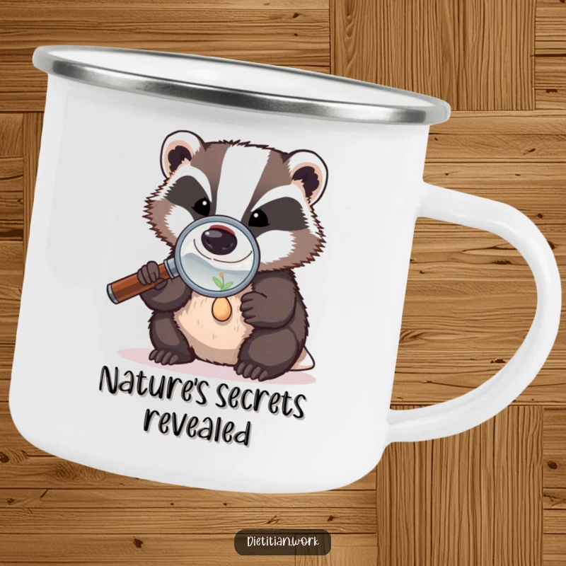 Funny badger investigator camping mug with a badger using a magnifying glass to examine a tiny seed, perfect for outdoor contemplation.