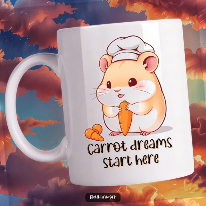 Funny chef hamster mug with a chubby hamster wearing a tiny chef hat, joyfully eating a miniature carrot, embodying culinary delight.