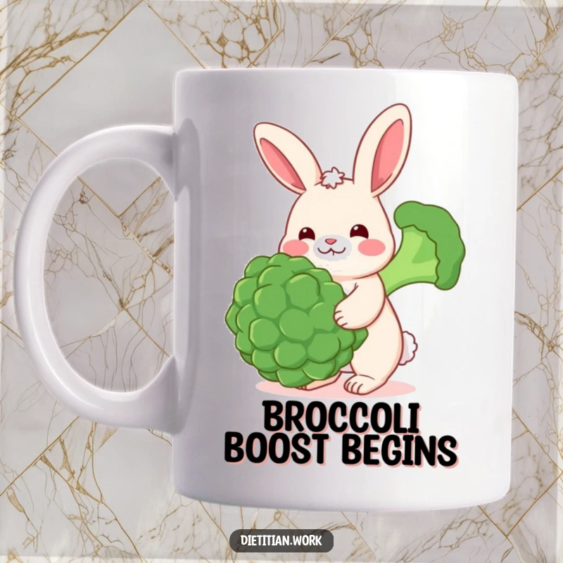 Funny cheerful rabbit mug with rosy cheeks, happily balancing a large broccoli floret, embodying playful health and joy.