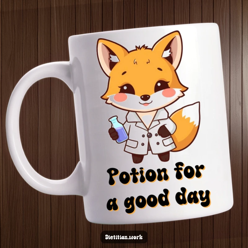 Funny smiling fox scientist mug with a fox in a lab coat holding a miniature beaker, embodying clever experimentation.
