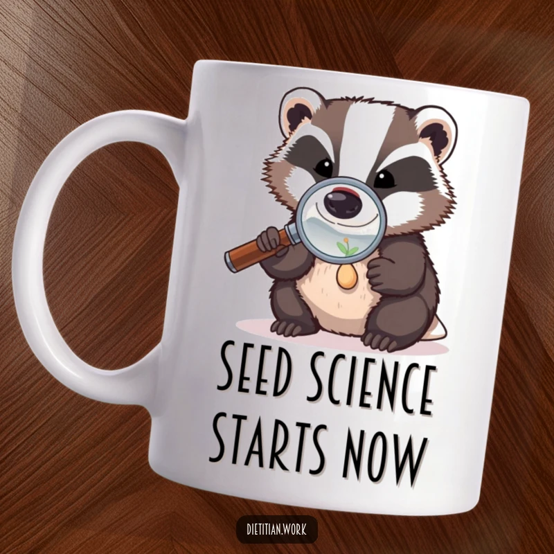 Funny determined badger mug with a badger wearing a magnifying glass, intently examining a tiny seed, showcasing focused curiosity.