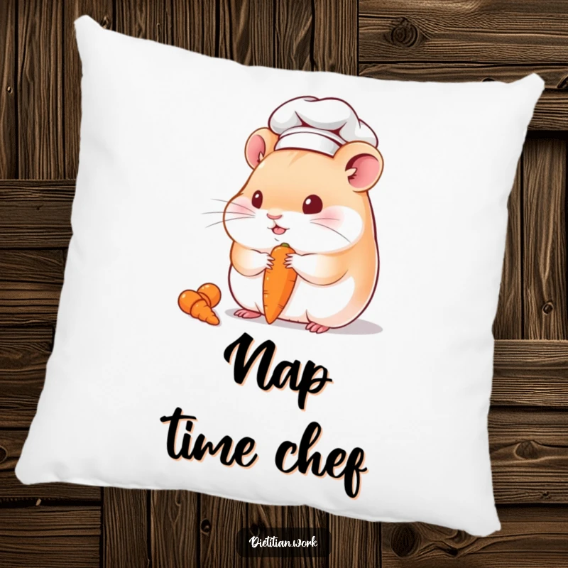 Funny hamster chef pillow with a chubby hamster in a chef hat, contentedly eating a small carrot, adding a touch of humor to any setting.