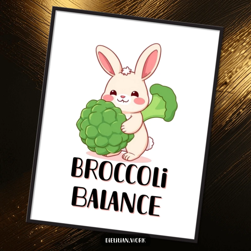 Funny rabbit broccoli digital art print featuring a cheerful rabbit with rosy cheeks balancing a large broccoli floret, ideal for humorous and vibrant decor.