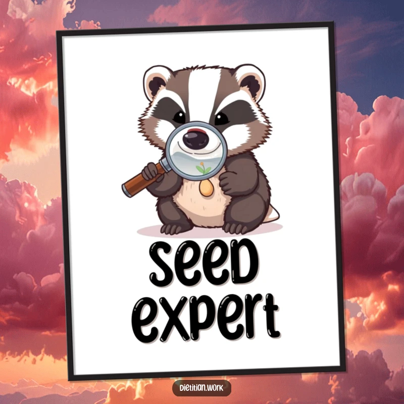 Funny badger investigator digital art print featuring a badger with a magnifying glass, examining a tiny seed, ideal for humorous and detailed decor.