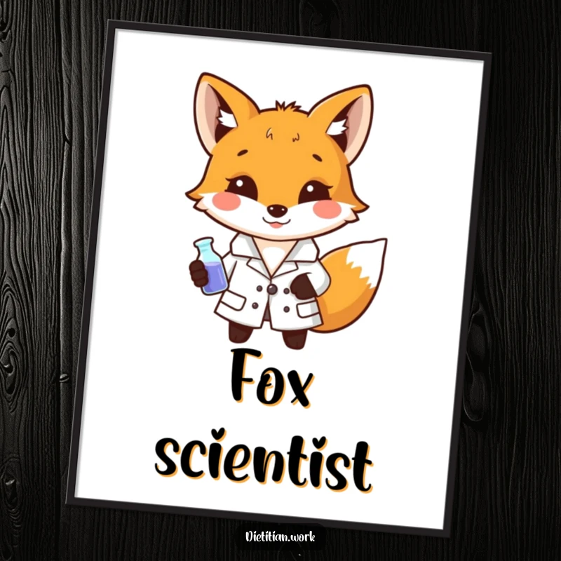 Funny fox scientist digital art print featuring a fox in a lab coat holding a miniature beaker, ideal for humorous and intelligent decor.
