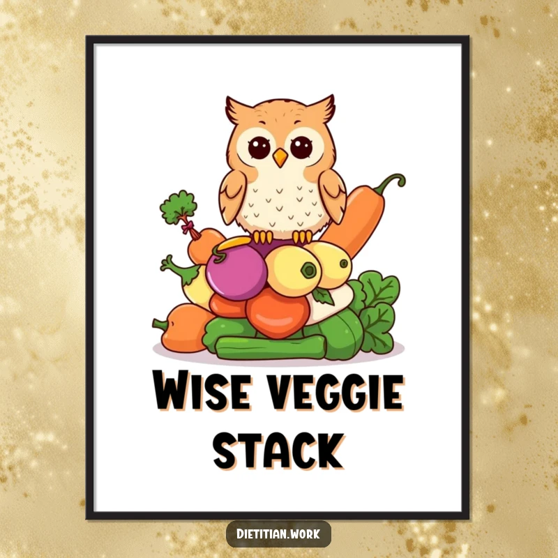 Funny owl wisdom digital art print featuring an owl perched on a stack of colorful vegetables, ideal for humorous and intellectual decor.