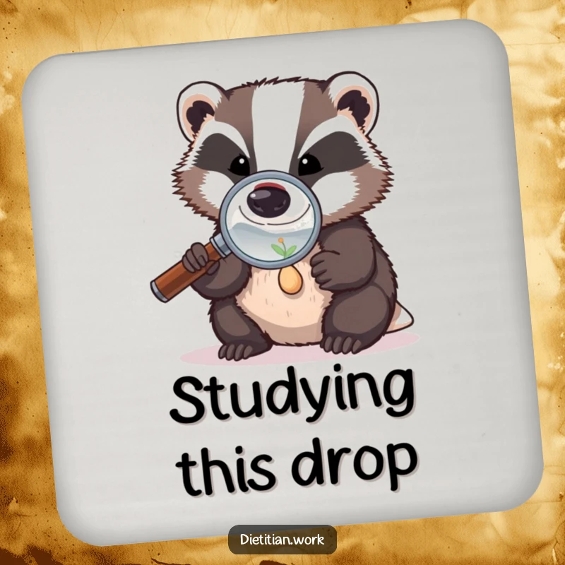 Funny badger seed coaster showing a badger with a magnifying glass, examining a tiny seed, a humorous and practical table protector.