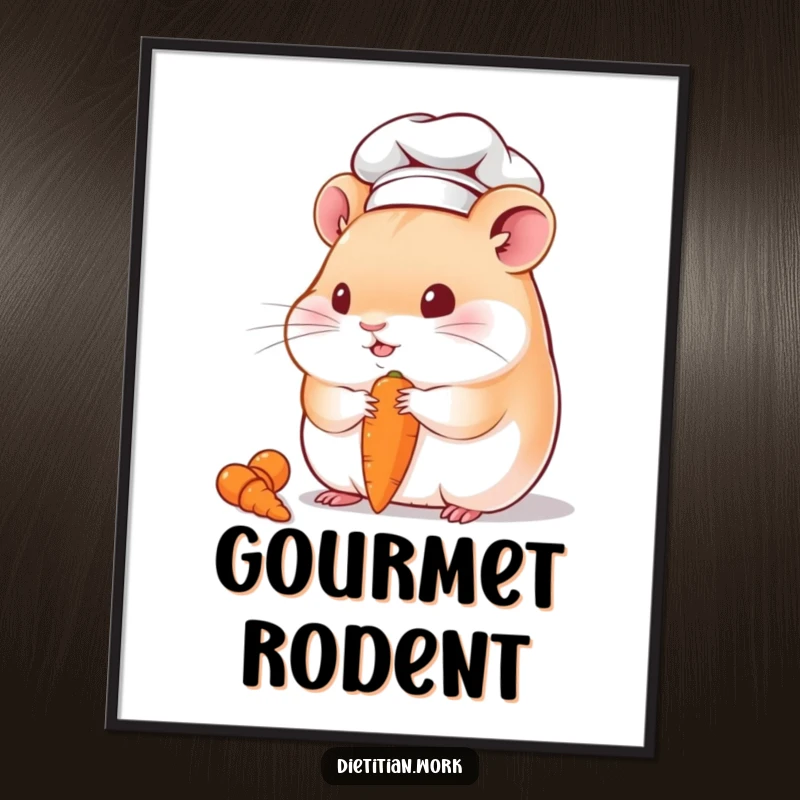 Funny chef hamster poster showcasing a chubby hamster in a chef hat, happily eating a tiny carrot, bringing whimsical charm to any room.
