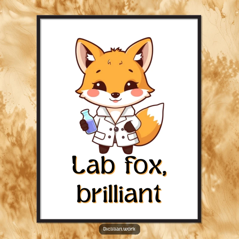 Funny fox lab art poster featuring a smiling fox in a lab coat holding a miniature beaker, perfect for adding intellectual humor to decor.