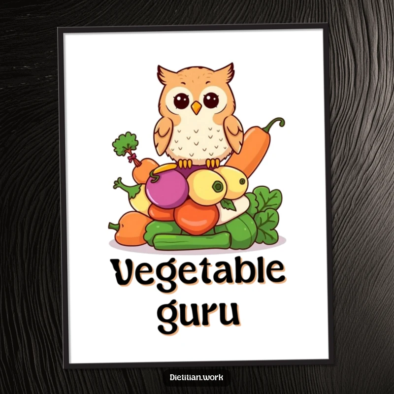 Funny owl wisdom poster featuring an owl perched on a stack of colorful vegetables, perfect for adding intellectual humor to decor.