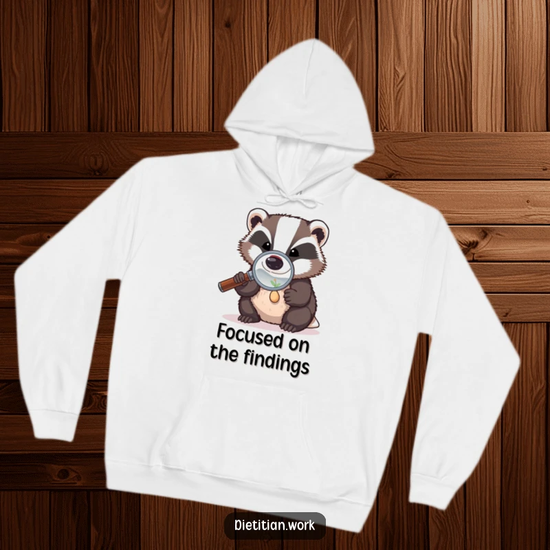 Funny badger investigator hoodie showing a badger in a magnifying glass, examining a tiny seed, perfect for cozy, thoughtful wear.