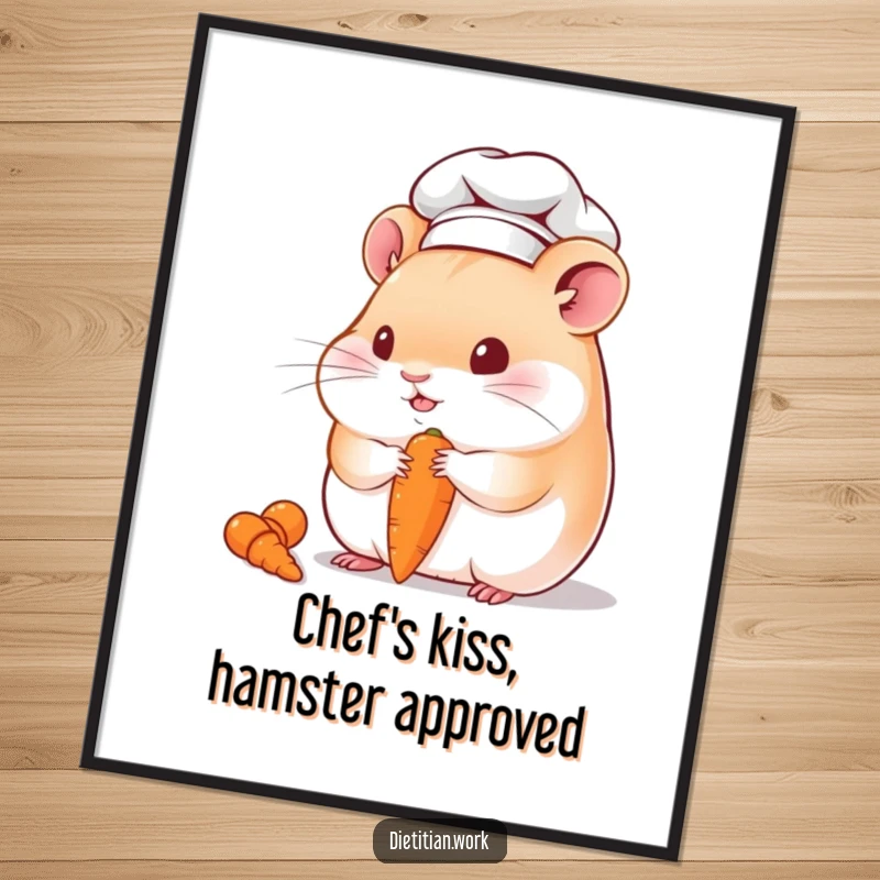 Funny Free Printable Wall Art: Chubby hamster chef wearing a tiny hat, happily eating a miniature carrot.
