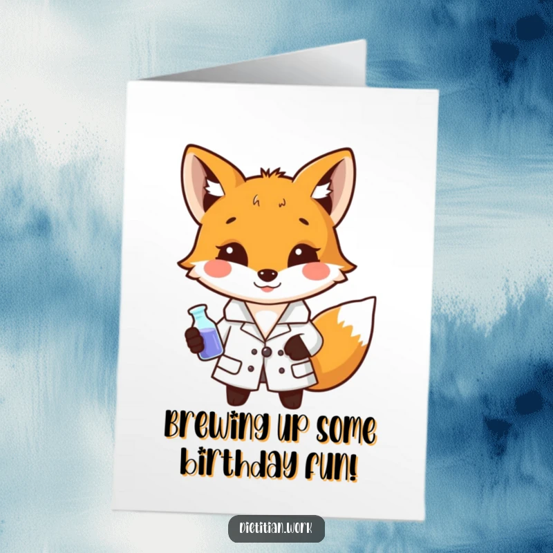 Funny Free Printable Birthday Card: Smiling fox in a lab coat holds a tiny beaker, ready for discovery.