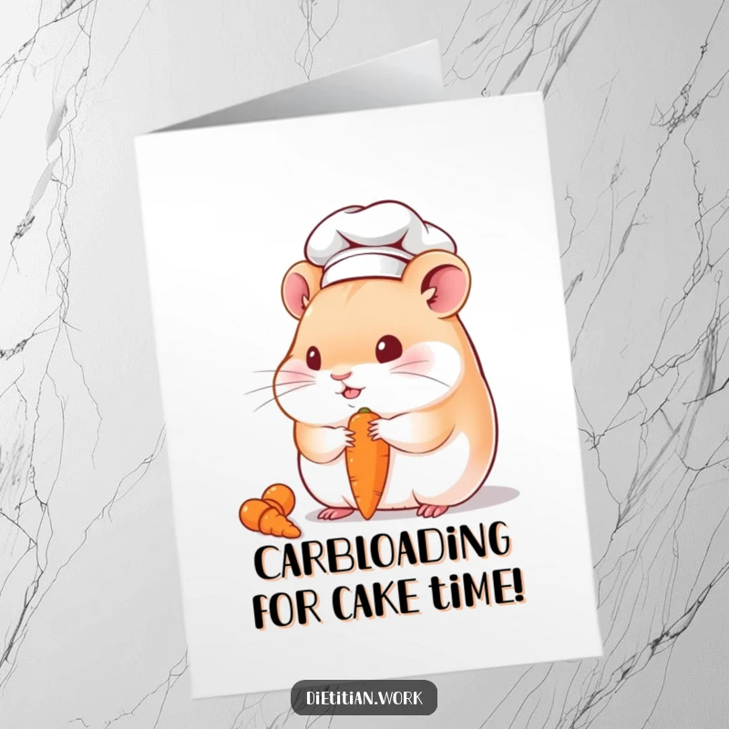 Funny Free Printable Birthday Card: Chubby hamster chef in hat joyfully eats tiny carrot, spreading birthday cheer.