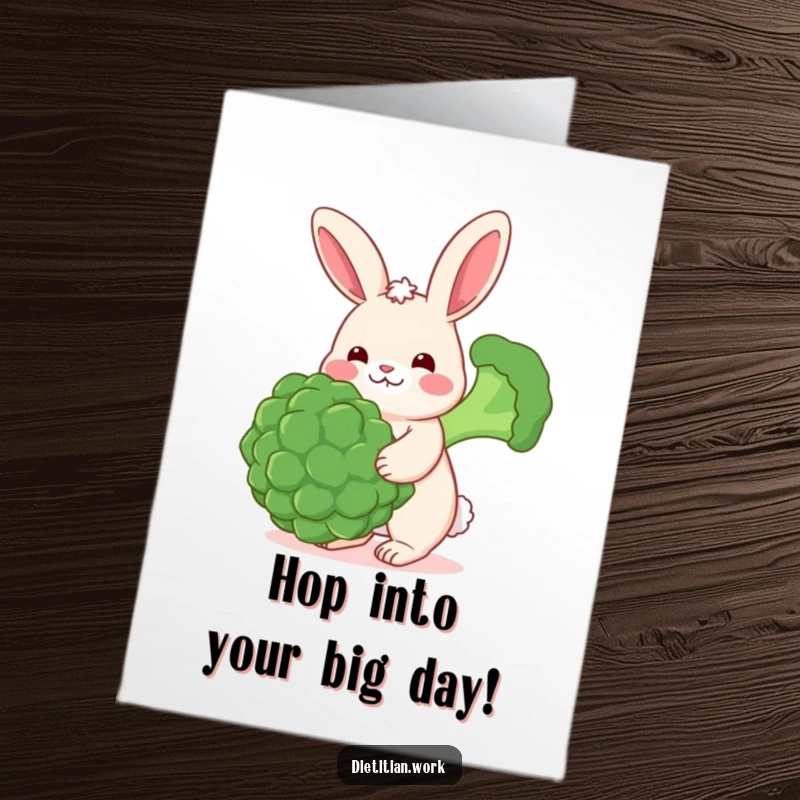 Funny Free Printable Birthday Card: Cheerful rabbit with rosy cheeks balances a huge broccoli floret with a smile.