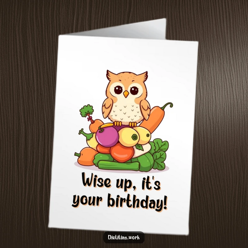 Funny Free Printable Birthday Card: Focused owl sits atop a colorful stack of vibrant vegetables.