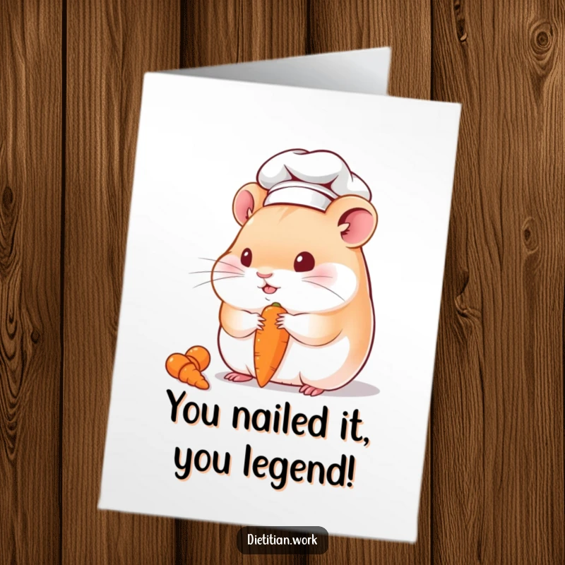 Funny Free Printable Congratulations Card: Chubby hamster chef in hat cheerfully devours a tiny carrot.
