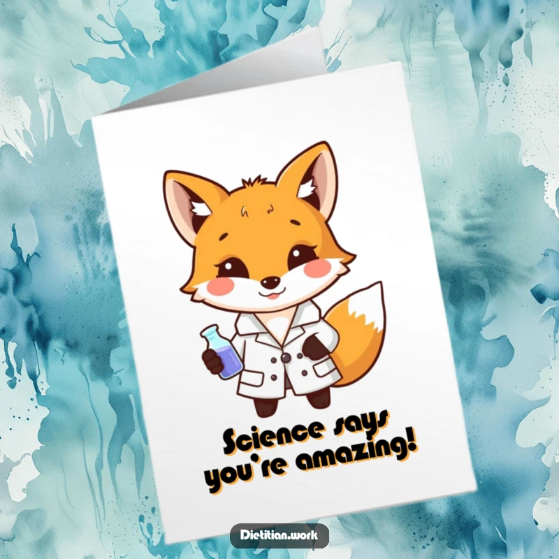 Funny Free Printable Congratulations Card: Fox in a lab coat grins while holding a miniature beaker.