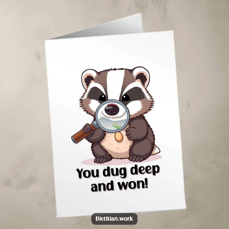 Funny Free Printable Congratulations Card: Dedicated badger peers through a magnifying glass at a tiny seed.