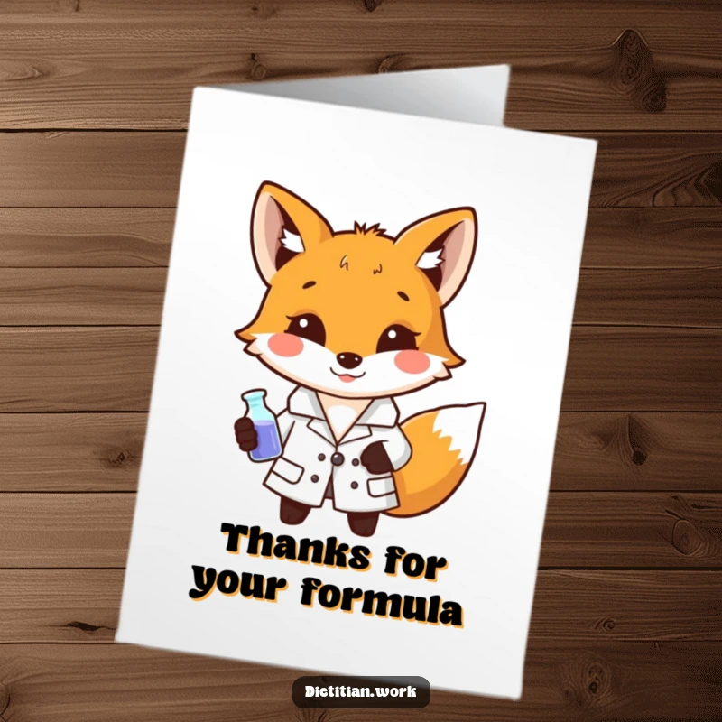 Funny Free Printable Thank You Card: Smiling fox wearing a lab coat holds a tiny beaker with a curious look.