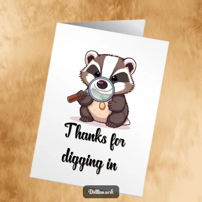 Funny Free Printable Thank You Card: Determined badger uses a magnifying glass to examine a very small seed.