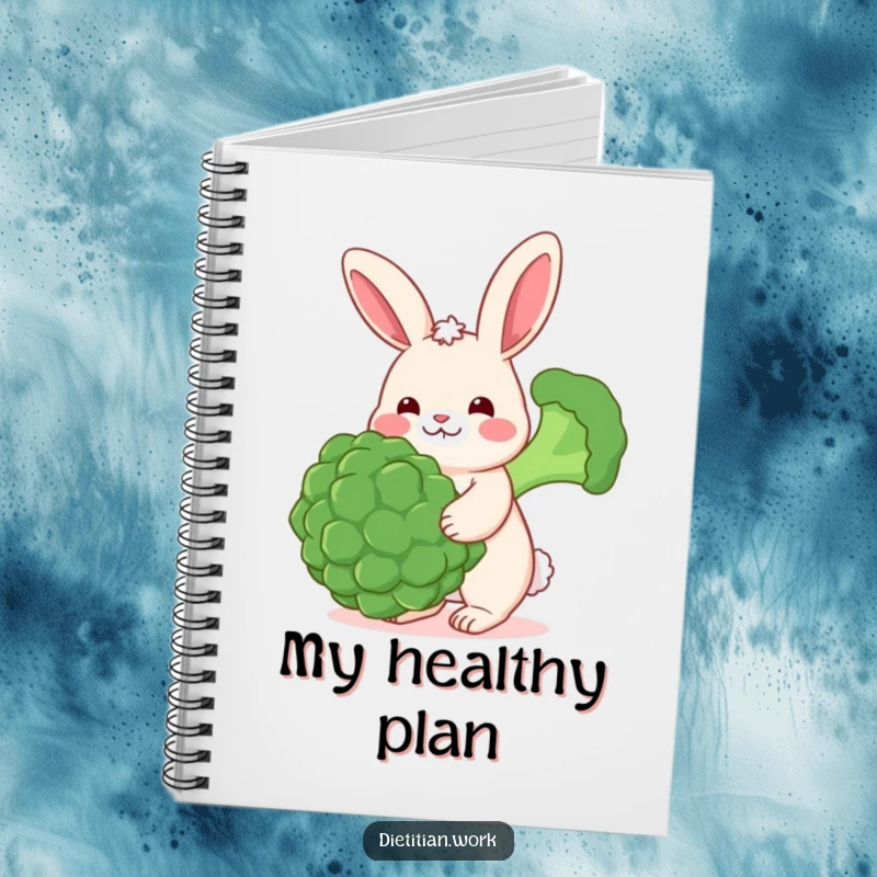 Funny rabbit balance notebook featuring a cheerful rabbit with rosy cheeks balancing a large broccoli floret, ideal for jotting down healthy ideas.