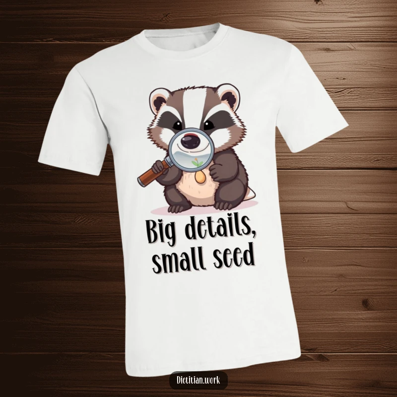 Funny badger seed detective t-shirt featuring a badger with a magnifying glass, closely inspecting a tiny seed, perfect for the detail-oriented.