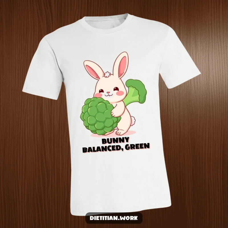 Funny rabbit broccoli balance t-shirt featuring a cheerful rabbit with rosy cheeks balancing a large broccoli floret, perfect for active and happy individuals.