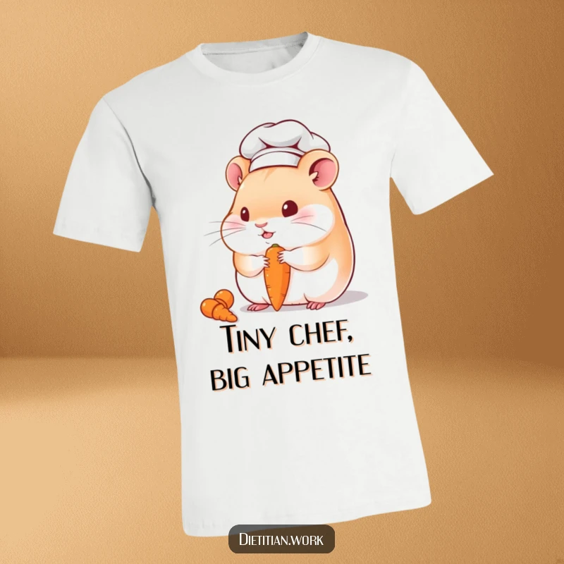 Funny hamster chef t-shirt featuring a chubby hamster in a chef hat, happily eating a tiny carrot, a humorous and adorable statement piece.