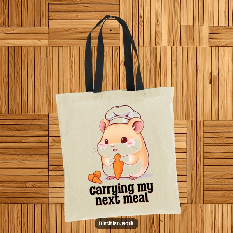 Funny hamster chef tote bag with a chubby hamster wearing a hat, happily eating a tiny carrot, a humorous and practical accessory.